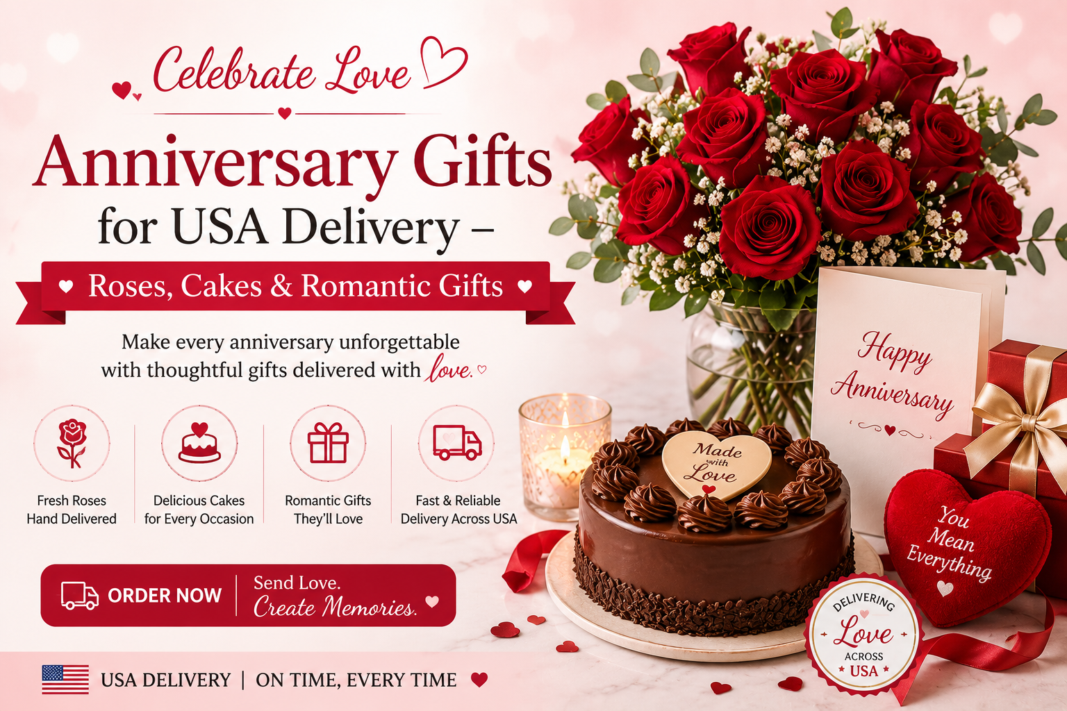 Anniversary Gifts for USA Delivery – Roses, Cakes & Romantic Gifts